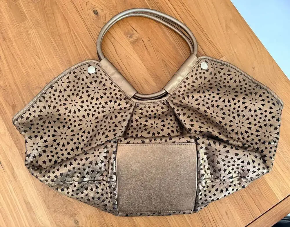 Jimmy Choo Metallic Bronze Star Perforated Leather Tote Shoulder Bag